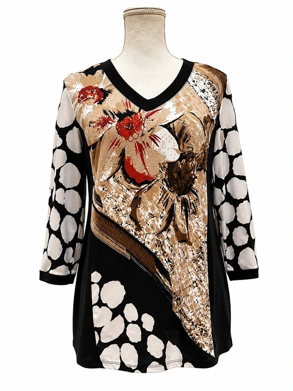 JM Collection Floral Abstract V-Neck Tunic Blouse Top Small